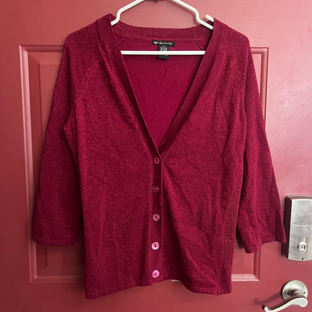 89th & Madison Women's Red Sparkly Button-down Cardigan